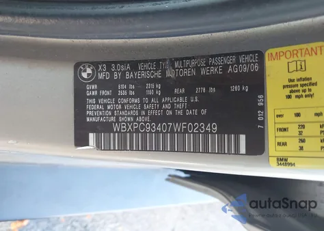 2007 BMW X3 3.0Si from USA, damaged, VIN WBXPC93407WF02349